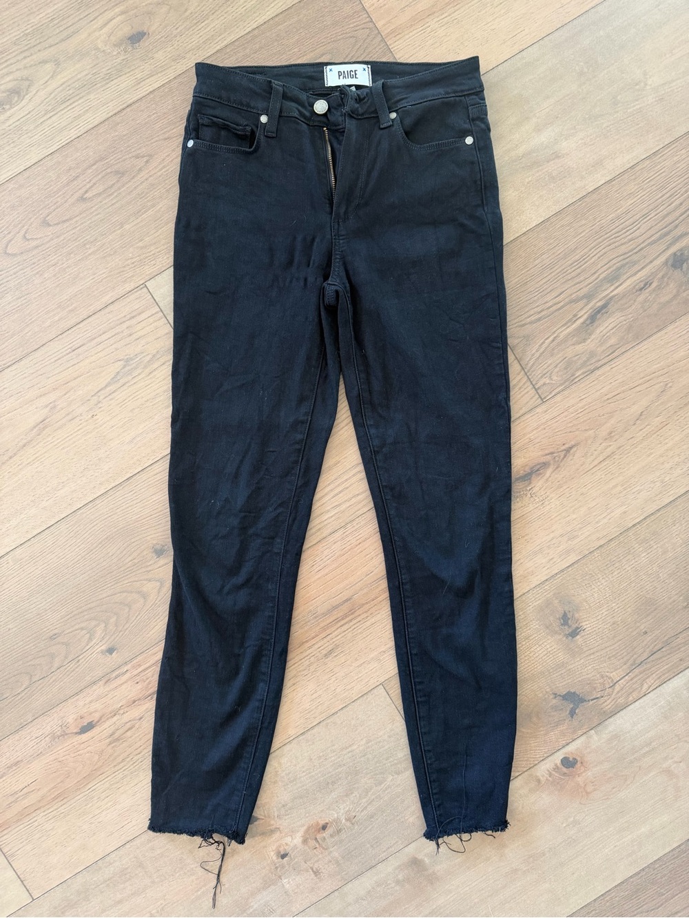 PAIGE Black Hoxton Ankle, Mid-Rise Skinny Jeans with Raw Hem Accent
